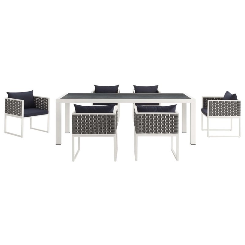 Pemberly Row 7-Piece Aluminum & Fabric Patio Dining Set in White and Navy