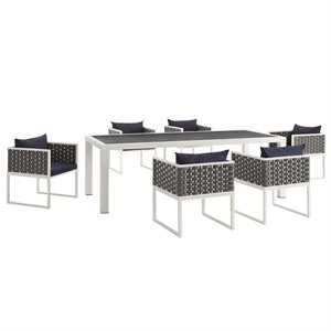 Pemberly Row 7-Piece Aluminum & Fabric Patio Dining Set in White and Navy