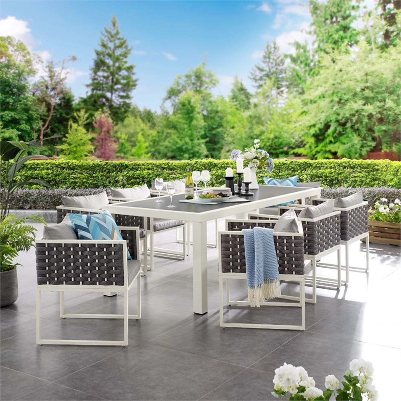 Pemberly Row 9-Piece Aluminum & Fabric Patio Dining Set in White and Gray