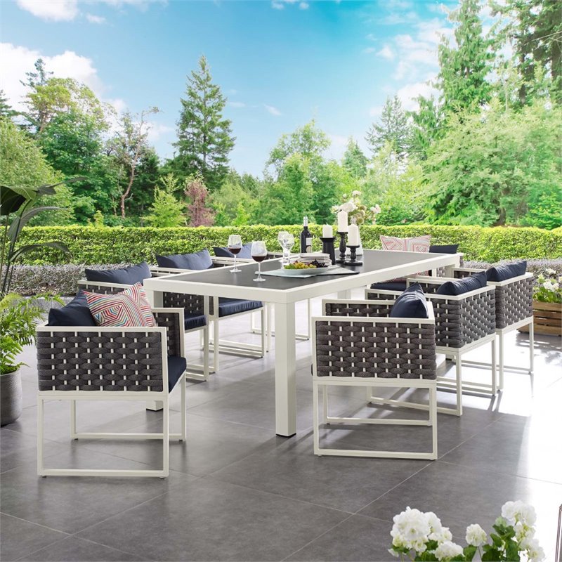 Pemberly Row 9-Piece Aluminum & Fabric Patio Dining Set in White and Navy