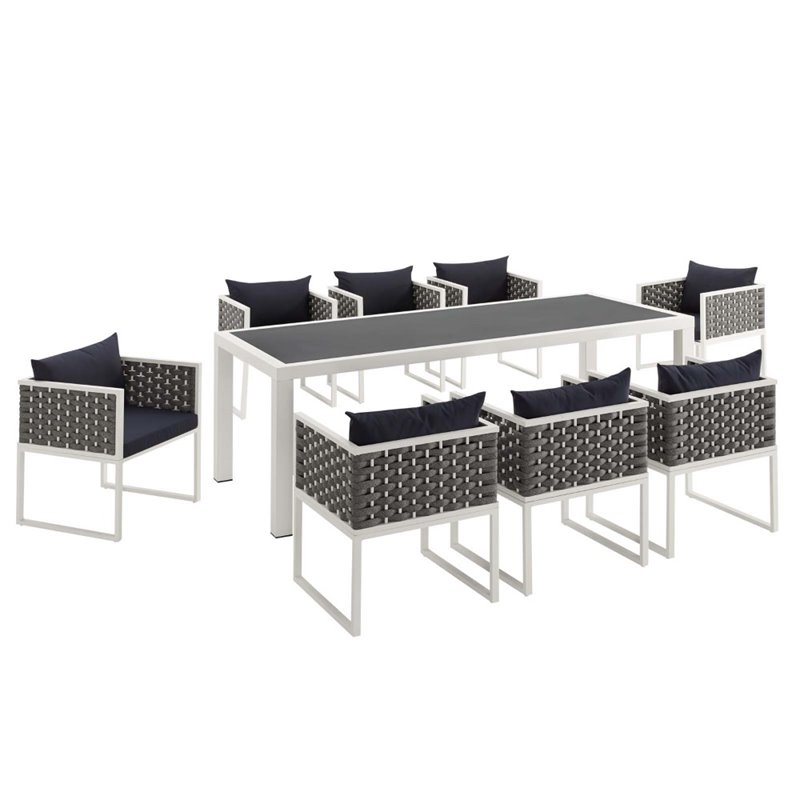 Pemberly Row 9-Piece Aluminum & Fabric Patio Dining Set in White and Navy