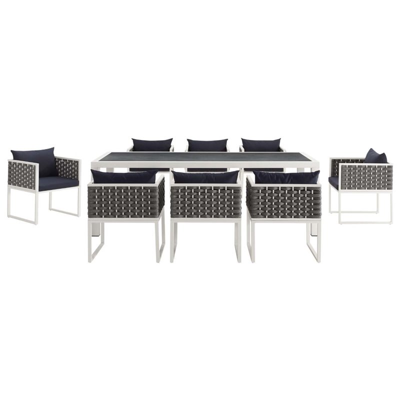 Pemberly Row 9-Piece Aluminum & Fabric Patio Dining Set in White and Navy