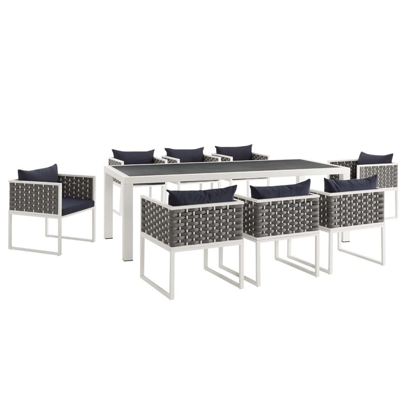 Pemberly Row 9-Piece Aluminum & Fabric Patio Dining Set in White and Navy