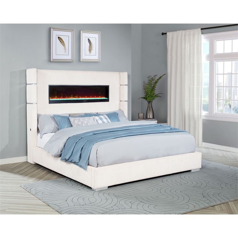 Pemberly Row 67-inch Fabric Upholstered Eastern King Fireplace Bed in Cream