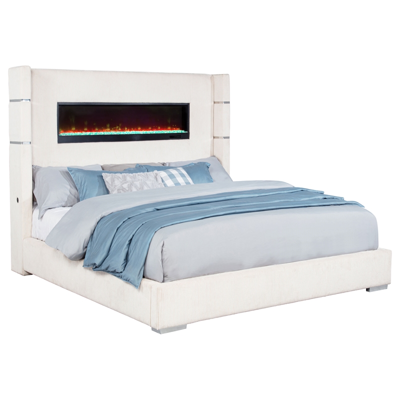 Pemberly Row 67-inch Fabric Upholstered Eastern King Fireplace Bed in Cream