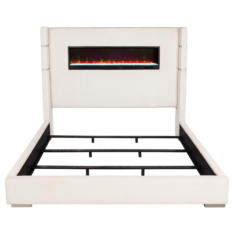 Pemberly Row 67-inch Fabric Upholstered Eastern King Fireplace Bed in Cream