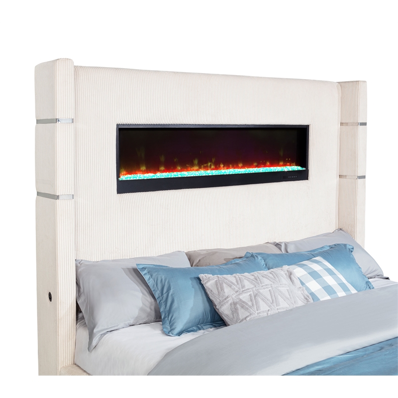 Pemberly Row 67-inch Fabric Upholstered Eastern King Fireplace Bed in Cream