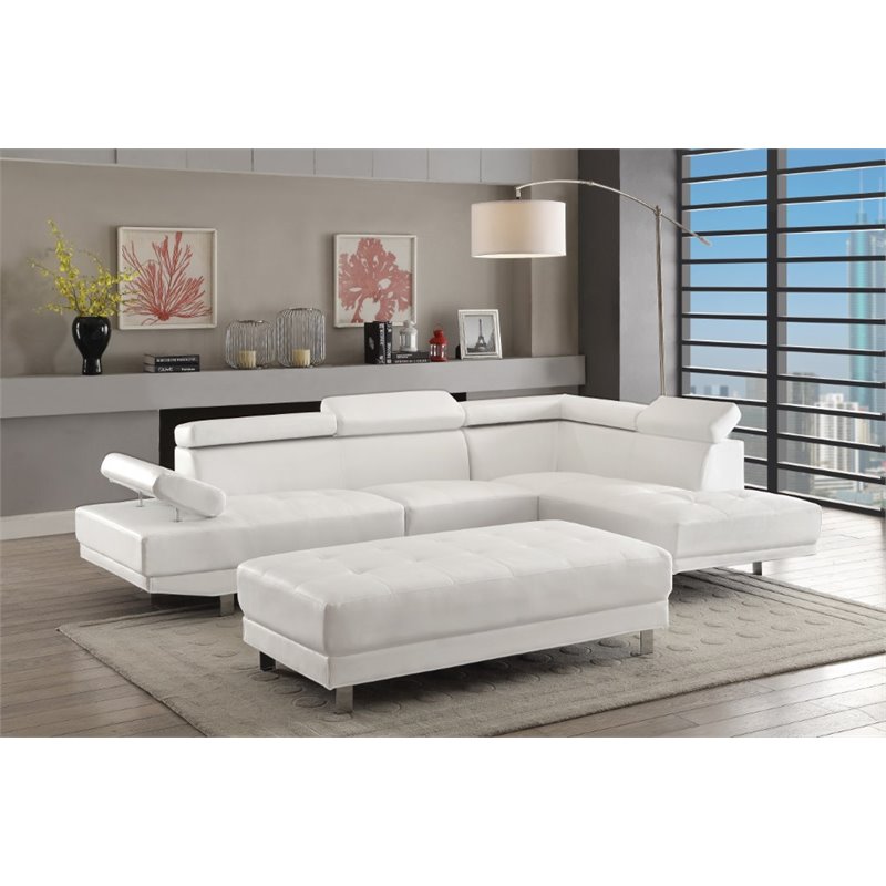 Pemberly Row Faux Leather Sectional in White with Adjustable Head and Arm Rest