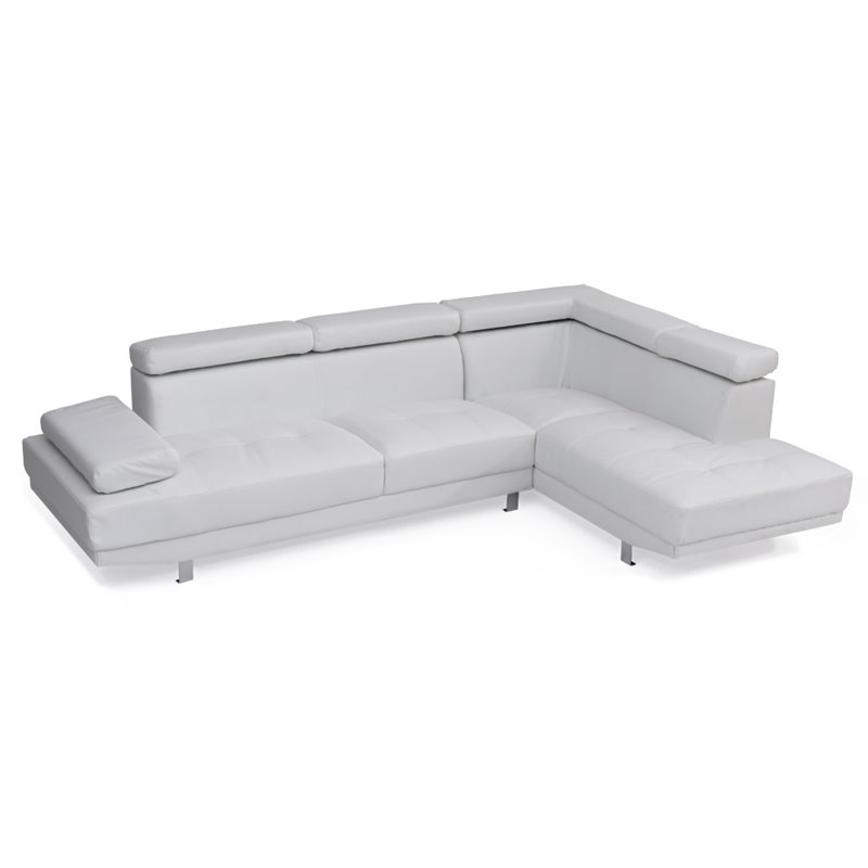 Pemberly Row Faux Leather Sectional in White with Adjustable Head and Arm Rest
