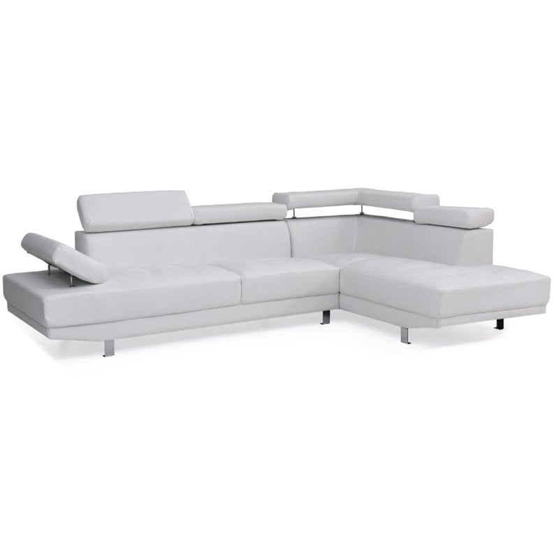 Pemberly Row Faux Leather Sectional in White with Adjustable Head and Arm Rest