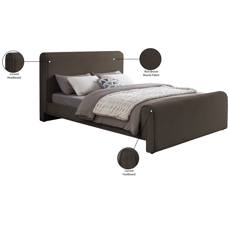 Pemberly Row Curved Headboard and Footboard Rich Brown Boucle Fabric Queen Bed