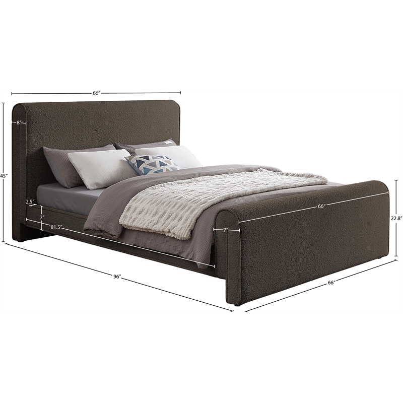 Pemberly Row Curved Headboard and Footboard Rich Brown Boucle Fabric Queen Bed