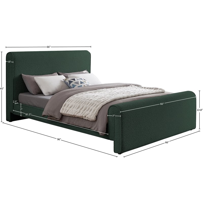 Pemberly Row Curved Headboard and Footboard Rich Green Boucle Fabric Queen Bed
