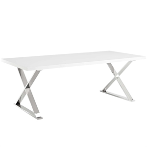 Pemberly Row 87&quot Wood & Stainless Steel Cross Base Dining Table in White/Silver