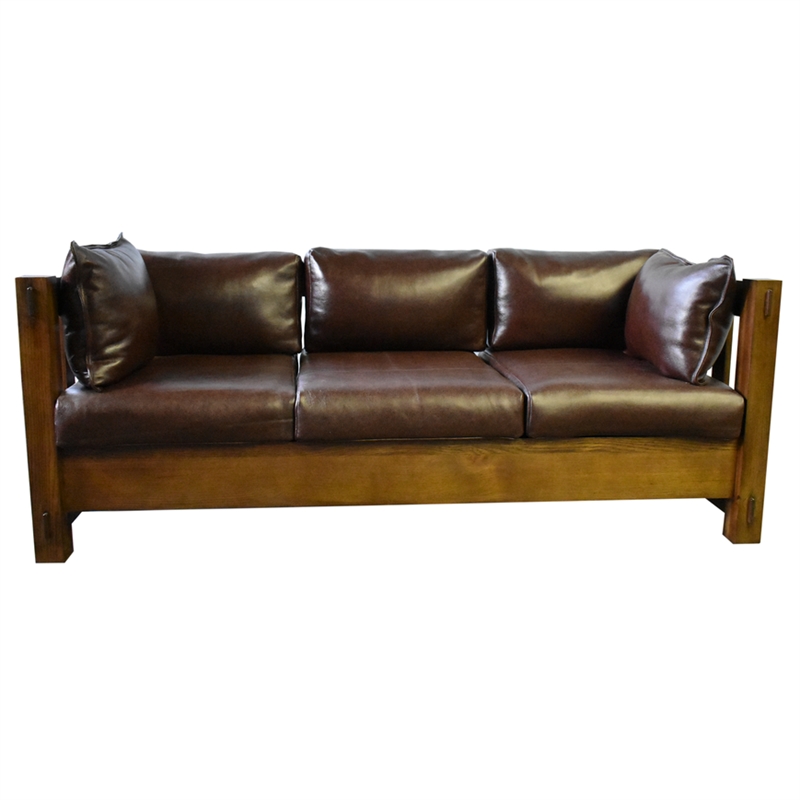 Pemberly Row Modern Arts and Crafts Slat Leather Sofa in Walnut
