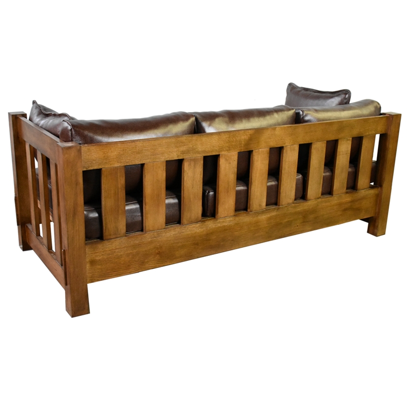 Pemberly Row Modern Arts and Crafts Slat Leather Sofa in Walnut