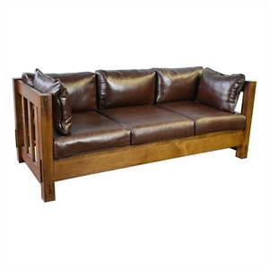 Pemberly Row Modern Arts and Crafts Slat Leather Sofa in Walnut