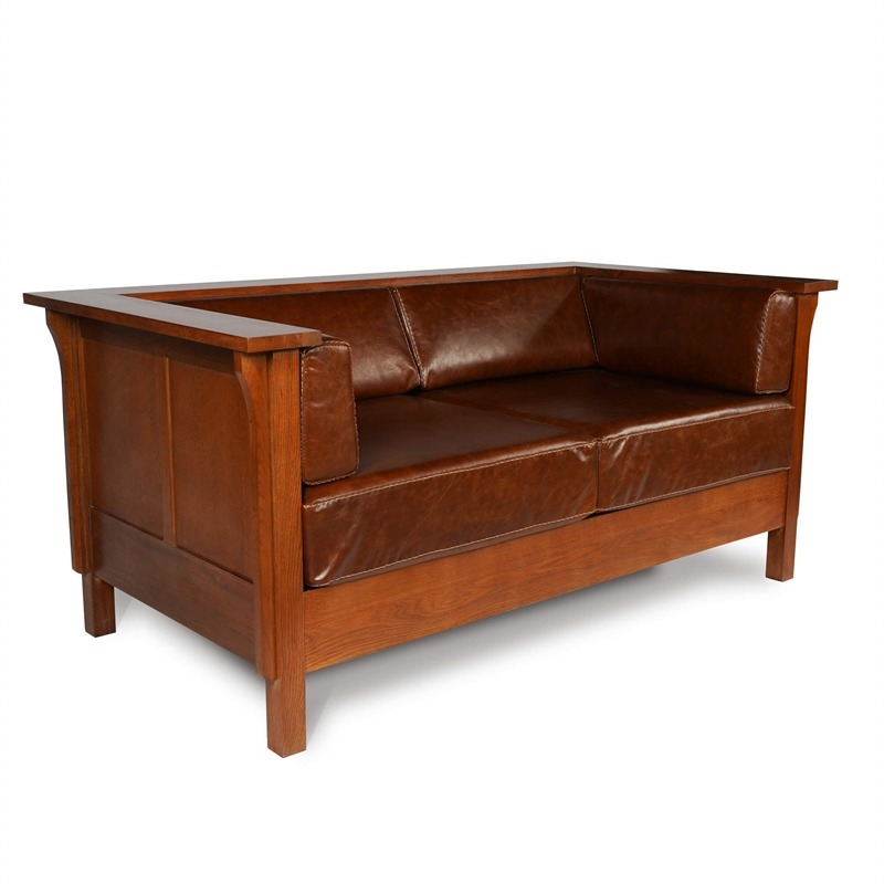 Pemberly Row Arts and Crafts Leather Side Loveseat in Chestnut Brown