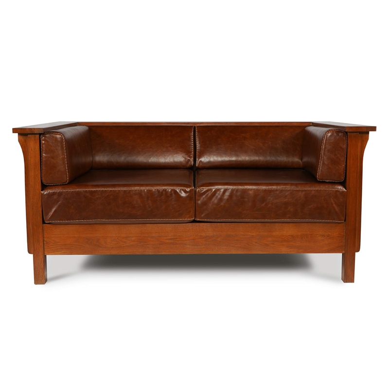 Pemberly Row Arts and Crafts Leather Side Loveseat in Chestnut Brown