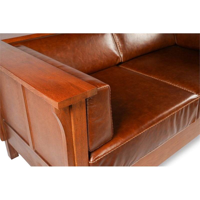 Pemberly Row Arts and Crafts Leather Side Loveseat in Chestnut Brown