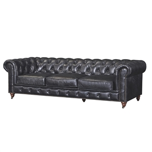 Pemberly Row Top Grain Leather Chesterfield 95&quot Leather Sofa in Black