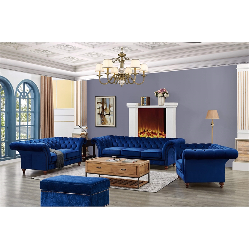Pemberly Row Craftsman Mission Fabric/Velvet Sloped Arm Sofa in Blue