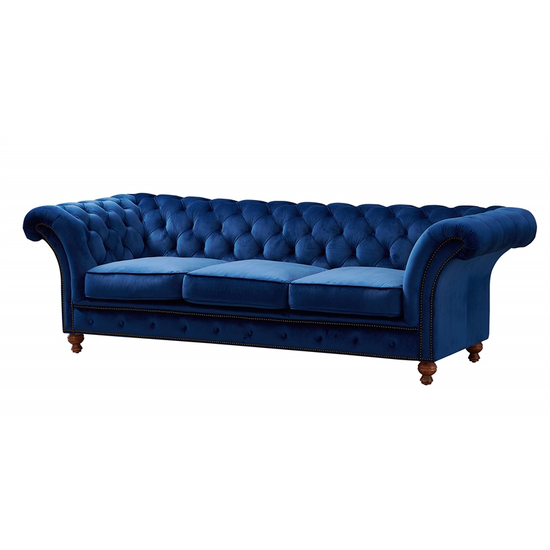 Pemberly Row Craftsman Mission Fabric/Velvet Sloped Arm Sofa in Blue