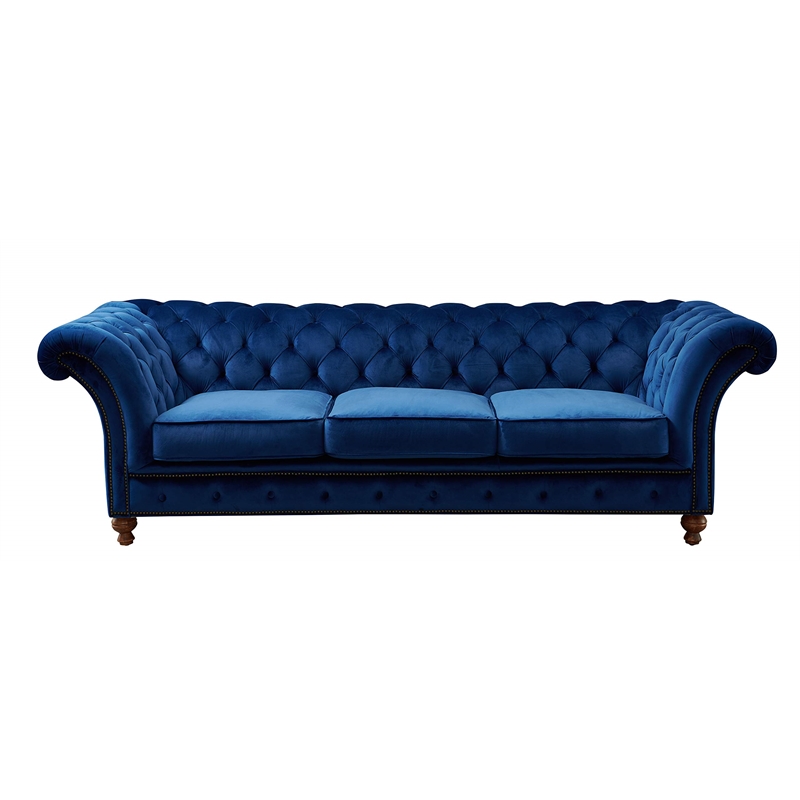 Pemberly Row Craftsman Mission Fabric/Velvet Sloped Arm Sofa in Blue