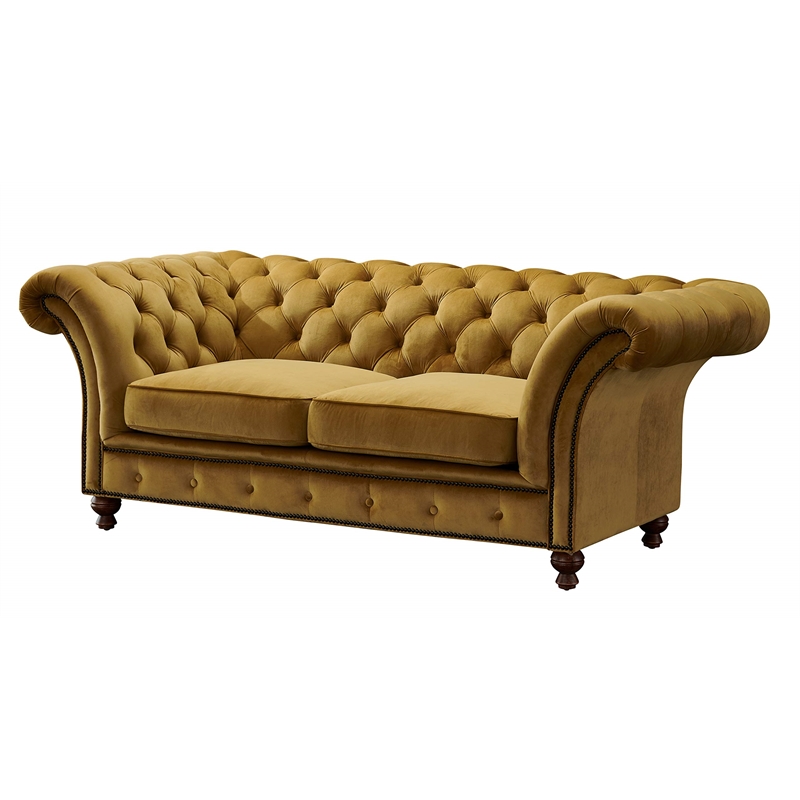 Pemberly Row Craftsman Mission Fabric Sloped Arm Loveseat in Yellow