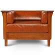 Pemberly Row Arts and Crafts Leather Slat Side Arm Chair in Russet Brown