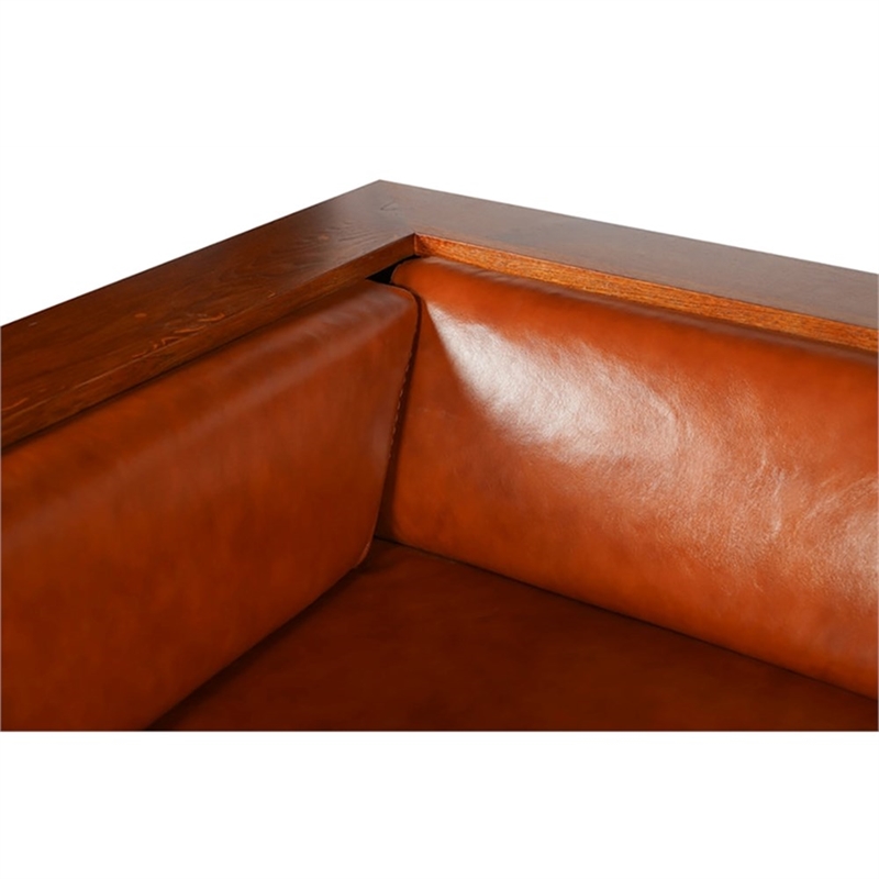 Pemberly Row Arts and Crafts Leather Slat Side Arm Chair in Russet Brown