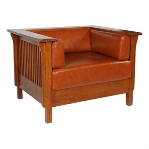 Pemberly Row Arts and Crafts Leather Slat Side Arm Chair in Russet Brown