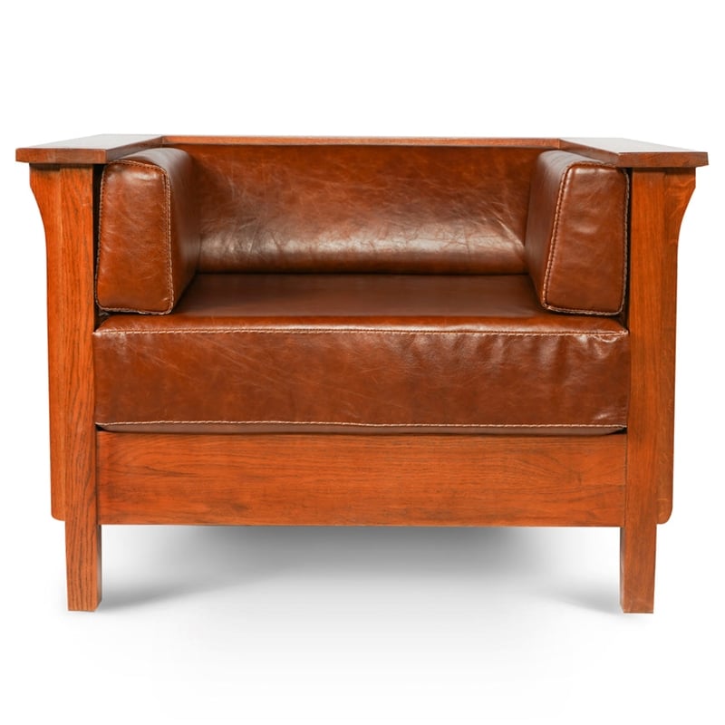 Pemberly Row Arts and Crafts Leather Slat Side Arm Chair in Chestnut