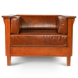 Pemberly Row Arts and Crafts Leather Slat Side Arm Chair in Chestnut