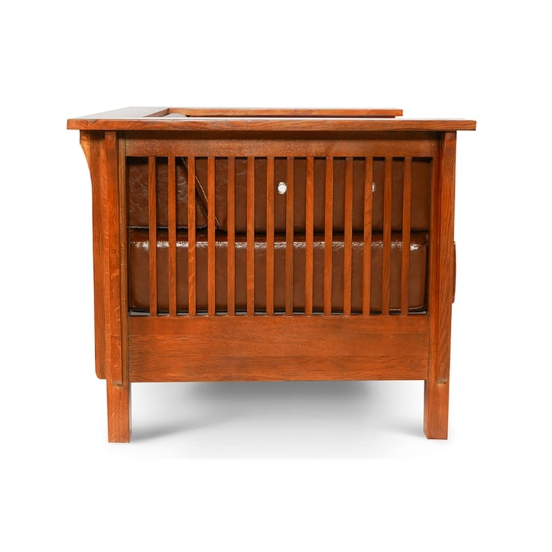 Pemberly Row Arts and Crafts Leather Slat Side Arm Chair in Chestnut