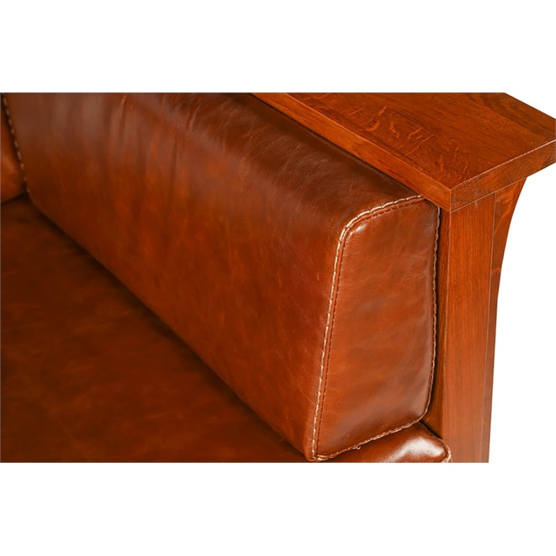 Pemberly Row Arts and Crafts Leather Slat Side Arm Chair in Chestnut