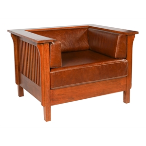 Pemberly Row Arts and Crafts Leather Slat Side Arm Chair in Chestnut