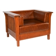 Pemberly Row Arts and Crafts Leather Slat Side Arm Chair in Chestnut