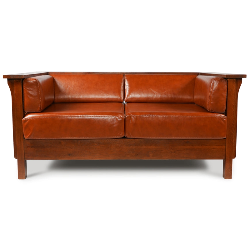 Pemberly Row Arts and Crafts Leather Slat Side Loveseat in Russet Brown