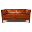 Pemberly Row Arts and Crafts Leather Slat Side Loveseat in Russet Brown
