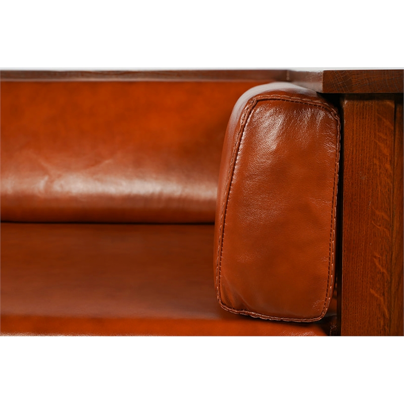 Pemberly Row Arts and Crafts Leather Slat Side Loveseat in Russet Brown