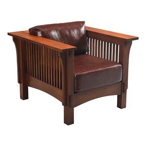 Pemberly Row Arts and Crafts Leather Arm Chair in Chestnut Finish