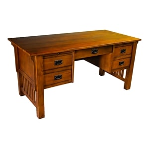 Pemberly Row Modern Arts and Crafts 5-Drawer Wood Desk in Brown
