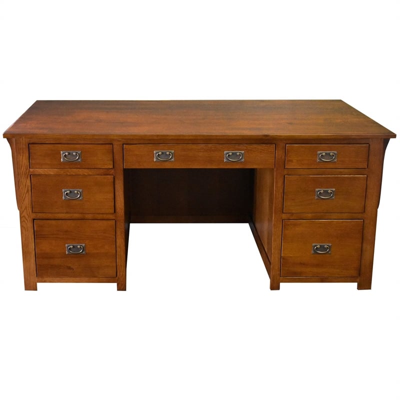 Pemberly Row Arts and Crafts Wood Library Desk w/ File Cabinet in Cherry