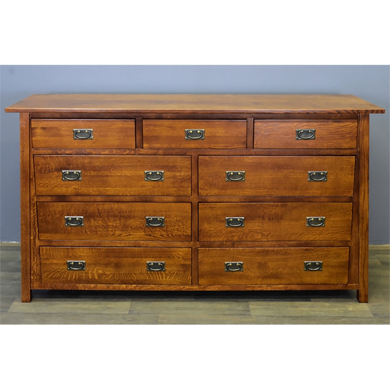 Pemberly Row Craftsman 9-Drawer Solid Wood Dresser in Cherry
