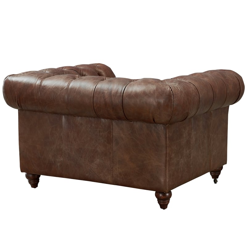 Pemberly Row Craftsman Mission Leather Arm Chair in Brown Finish