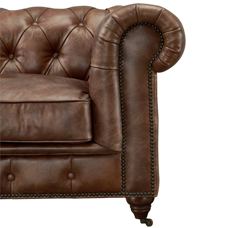 Pemberly Row Craftsman Mission Leather Arm Chair in Brown Finish