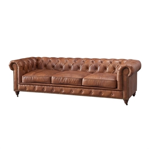 Pemberly Row Top Grain Leather Chesterfield 95&quot Leather Sofa in Brown