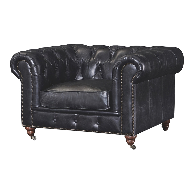 Pemberly Row Craftsman Mission Leather Arm Chair in Black Finish