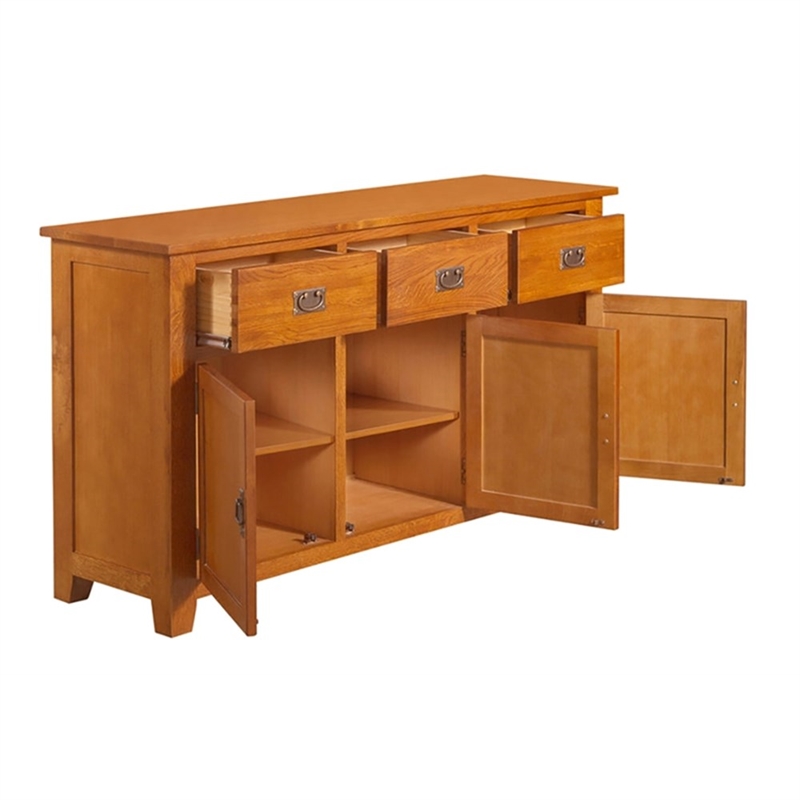 Pemberly Row Arts and Crafts 3-Door Solid Wood Sideboard in Cherry